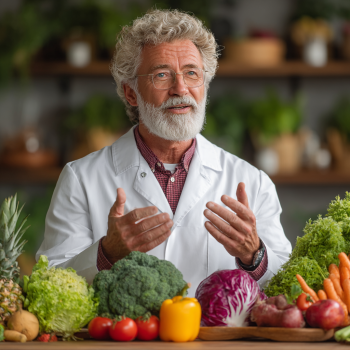 Група літніх людей з корисними продуктами